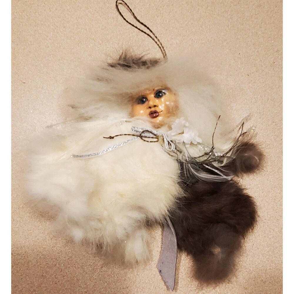 Vintage hand made inuit Doll ornament ceramic hand painted face and fur clothing